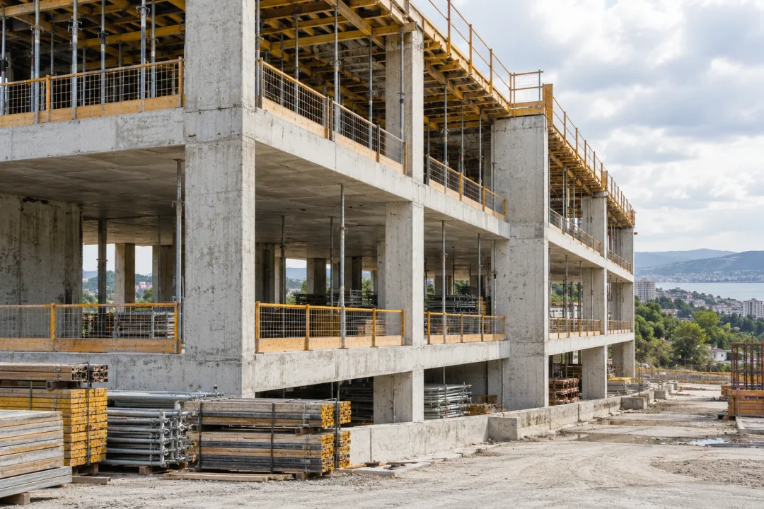 Düzenli bir şantiyede betonarme yapı ve iskeleler — temsili görsel